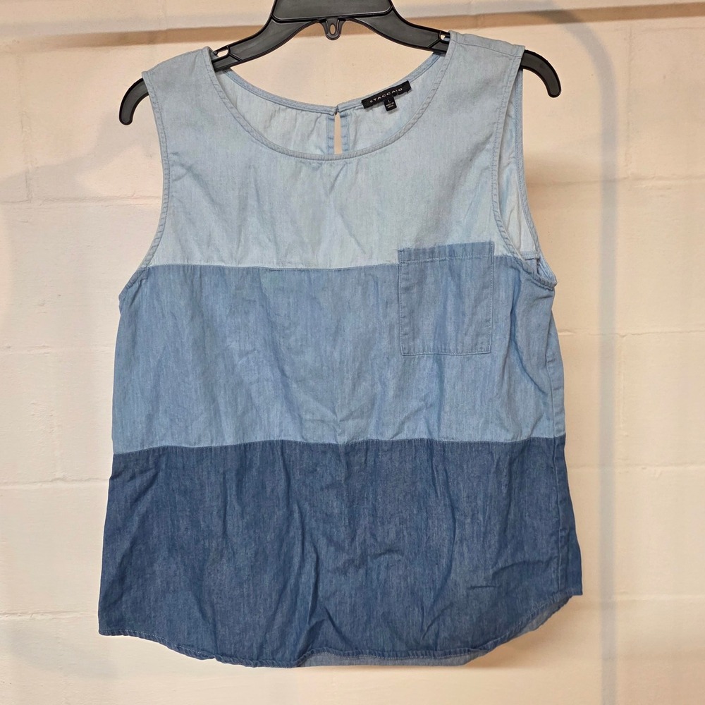 Staccato Womens Blue Colorblock Chambray Sleeveless Top Cotton Tank Large 18238C